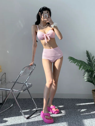 Belly Cover Soft Striped Bikini Single-Breasted Tube Top Tank Top Pink Sky Blue Swimsuit