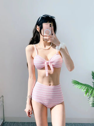 Belly Cover Soft Striped Bikini Single-Breasted Tube Top Tank Top Pink Sky Blue Swimsuit