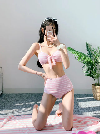 Belly Cover Soft Striped Bikini Single-Breasted Tube Top Tank Top Pink Sky Blue Swimsuit