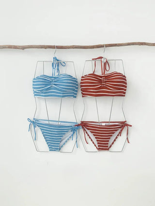 Dangara Striped Bikini Tube Top Tankini Brown Sky Blue Halter Neck Swimsuit