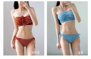 Dangara Striped Bikini Tube Top Tankini Brown Sky Blue Halter Neck Swimsuit