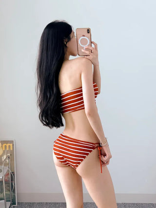 Dangara Striped Bikini Tube Top Tankini Brown Sky Blue Halter Neck Swimsuit