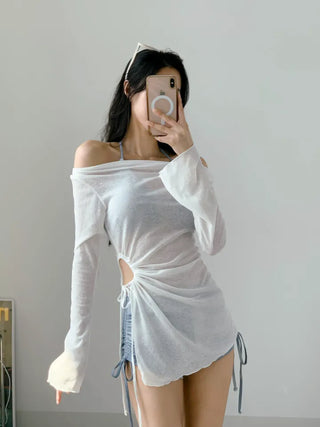 *High-quality* piece off-shoulder bikini cover-up included 3pcs blue tie-dye halter neck body-covering belly-covering swimsuit