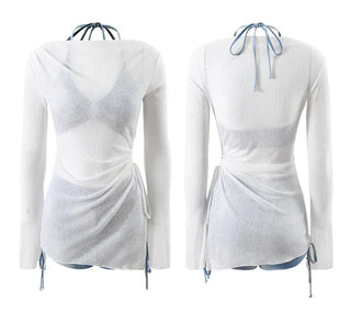 *High-quality* piece off-shoulder bikini cover-up included 3pcs blue tie-dye halter neck body-covering belly-covering swimsuit