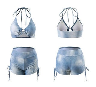 *High-quality* piece off-shoulder bikini cover-up included 3pcs blue tie-dye halter neck body-covering belly-covering swimsuit