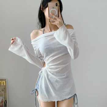 *High-quality* piece off-shoulder bikini cover-up included 3pcs blue tie-dye halter neck body-covering belly-covering swimsuit