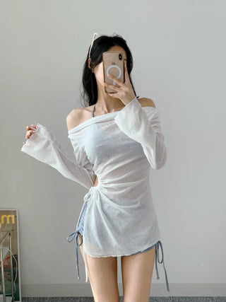 *High-quality* piece off-shoulder bikini cover-up included 3pcs blue tie-dye halter neck body-covering belly-covering swimsuit