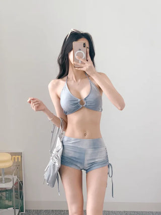 *High-quality* piece off-shoulder bikini cover-up included 3pcs blue tie-dye halter neck body-covering belly-covering swimsuit