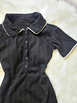 Black collar short sleeve monokini with ribbed one-piece monokini