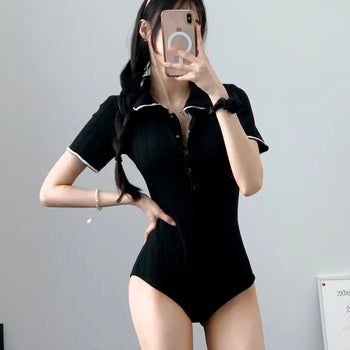 Black collar short sleeve monokini with ribbed one-piece monokini