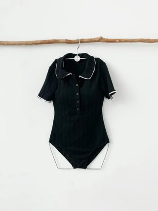 Black collar short sleeve monokini with ribbed one-piece monokini