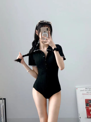 Black collar short sleeve monokini with ribbed one-piece monokini