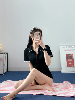 Black collar short sleeve monokini with ribbed one-piece monokini