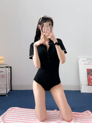 Black collar short sleeve monokini with ribbed one-piece monokini