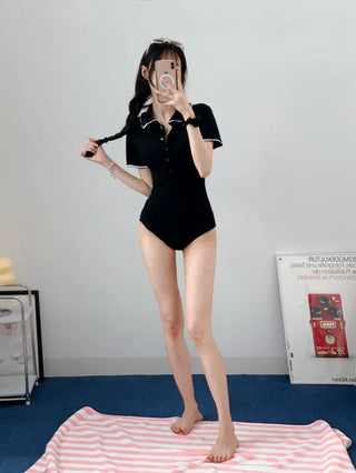 Black collar short sleeve monokini with ribbed one-piece monokini