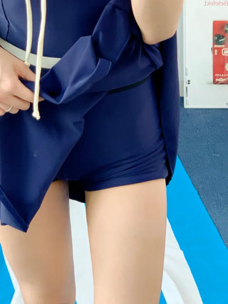 Navy ribbon one-piece swimsuit with built-in underwear innocent and delicate swimsuit