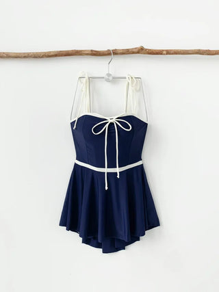 Navy ribbon one-piece swimsuit with built-in underwear innocent and delicate swimsuit