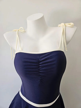 Navy ribbon one-piece swimsuit with built-in underwear innocent and delicate swimsuit