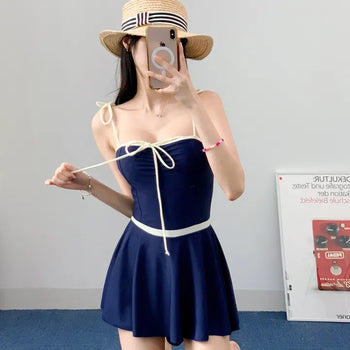 Navy ribbon one-piece swimsuit with built-in underwear innocent and delicate swimsuit