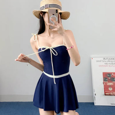 Navy ribbon one-piece swimsuit with built-in underwear innocent and delicate swimsuit