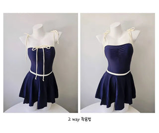 Navy ribbon one-piece swimsuit with built-in underwear innocent and delicate swimsuit
