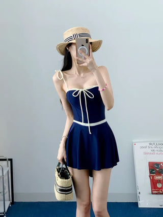 Navy ribbon one-piece swimsuit with built-in underwear innocent and delicate swimsuit