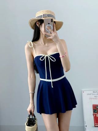 Navy ribbon one-piece swimsuit with built-in underwear innocent and delicate swimsuit