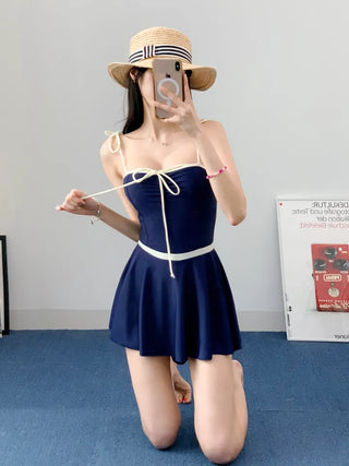 Navy ribbon one-piece swimsuit with built-in underwear innocent and delicate swimsuit