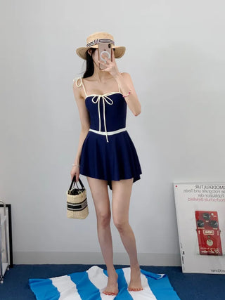 Navy ribbon one-piece swimsuit with built-in underwear innocent and delicate swimsuit