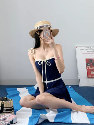 Navy ribbon one-piece swimsuit with built-in underwear innocent and delicate swimsuit
