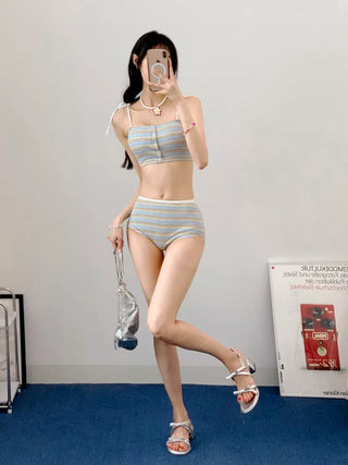 Lower abdomen cover belly fat cover high-waist striped bikini tankini tank top swimsuit