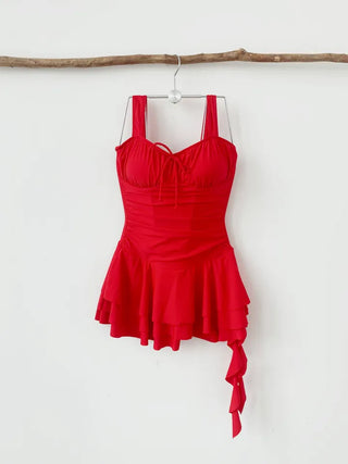 One-piece swimsuit with red frills ribbon and red beach vacation swimsuit