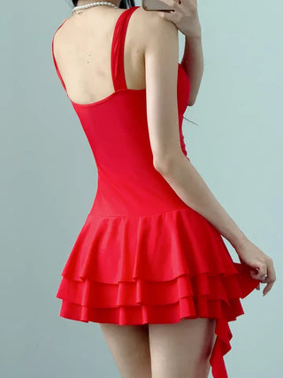 One-piece swimsuit with red frills ribbon and red beach vacation swimsuit