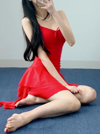 One-piece swimsuit with red frills ribbon and red beach vacation swimsuit