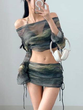 *High quality* Khaki dyed gradient piece off-shoulder bikini with 4 cover-ups