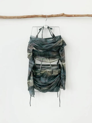 *High quality* Khaki dyed gradient piece off-shoulder bikini with 4 cover-ups