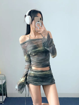 *High quality* Khaki dyed gradient piece off-shoulder bikini with 4 cover-ups