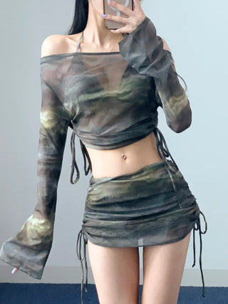 *High quality* Khaki dyed gradient piece off-shoulder bikini with 4 cover-ups