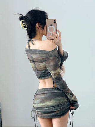 *High quality* Khaki dyed gradient piece off-shoulder bikini with 4 cover-ups
