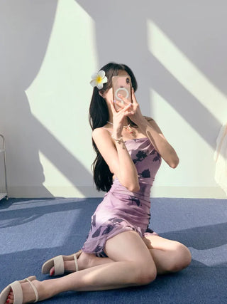 Purple frill see-through one-piece swimsuit with floral mesh swimsuit