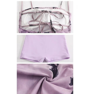 Purple frill see-through one-piece swimsuit with floral mesh swimsuit