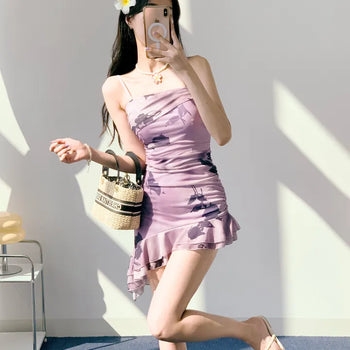 Purple frill see-through one-piece swimsuit with floral mesh swimsuit