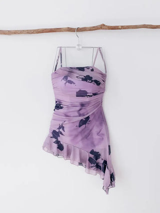 Purple frill see-through one-piece swimsuit with floral mesh swimsuit