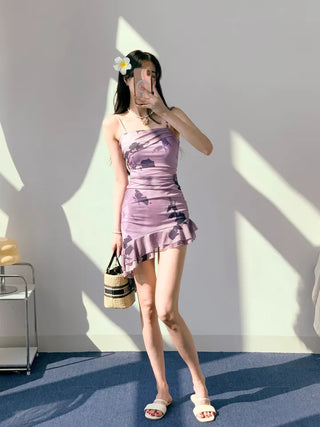 Purple frill see-through one-piece swimsuit with floral mesh swimsuit