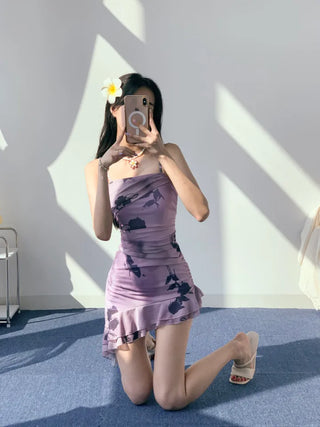 Purple frill see-through one-piece swimsuit with floral mesh swimsuit