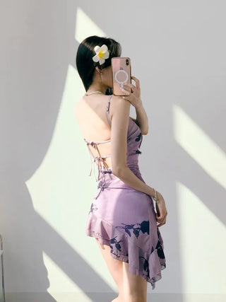 Purple frill see-through one-piece swimsuit with floral mesh swimsuit