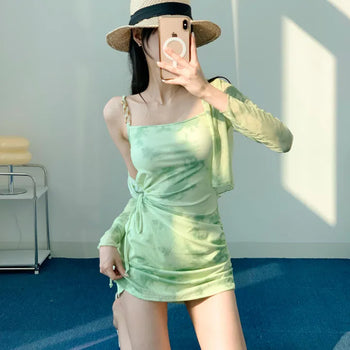 One-piece swimsuit with cardigan and underwear green tie-dye chain cover-up body cover