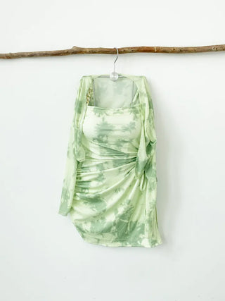 One-piece swimsuit with cardigan and underwear green tie-dye chain cover-up body cover