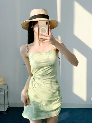 One-piece swimsuit with cardigan and underwear green tie-dye chain cover-up body cover