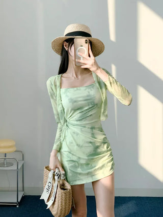 One-piece swimsuit with cardigan and underwear green tie-dye chain cover-up body cover